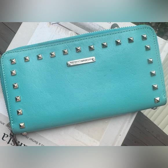 Rebecca Minkoff Teal/ Turquoise Studded Leather Wallet with full Zip Closure - Picture 15 of 16